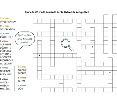 Mots à caser sur le thème des enquêtes Jeu de mots à caser - 19 mots - Thème des enquêtes