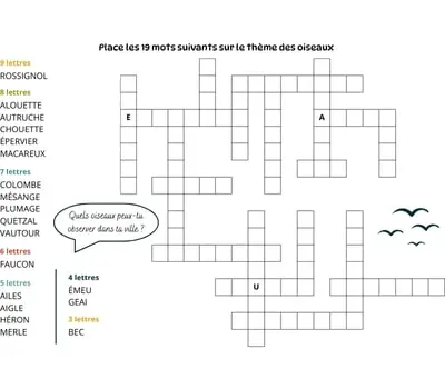 Mots à caser sur le thème des oiseaux Jeu de mots à caser - 19 mots - Thème des oiseaux