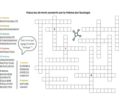 Mots à caser sur le thème de l'écologie Jeu de mots à caser - 20 mots - Thème de l'écologie