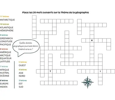 Mots à caser sur le thème de la géographie Jeu de mots à caser - 20 mots - Thème de la géographie