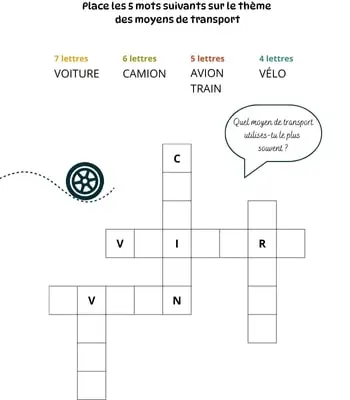 Mots à caser sur le thème des moyens de transport Jeu de mots à caser - 5 mots - Thème des moyens de transport