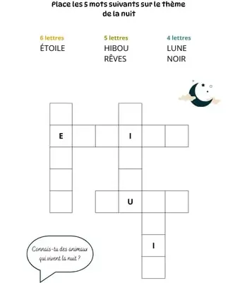 Mots à caser sur le thème de la nuit Jeu de mots à caser - 5 mots - Thème de la nuit