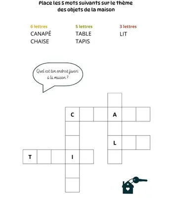 Mots à caser sur le thème des objets de la maison Jeu de mots à caser - 5 mots - Thème des objets de la maison