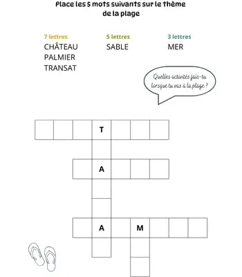 Mots à caser sur le thème de la plage Jeu de mots à caser - 5 mots - Thème de la plage