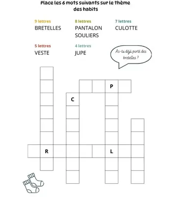 Mots à caser sur le thème des habits Jeu de mots à caser - 6 mots - Thème des habits