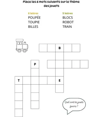 Mots à caser sur le thème des jouets Jeu de mots à caser - 6 mots - Thème des jouets