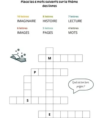 Mots à caser sur le thème des livres Jeu de mots à caser - 6 mots - Thème des livres