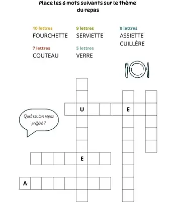Mots à caser sur le thème du repas Jeu de mots à caser - 6 mots - Thème du repas