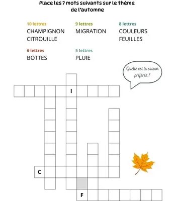Mots à caser sur le thème de l'automne Jeu de mots à caser - 7 mots - Thème de l'automne