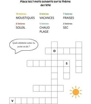 Mots à caser sur le thème de l'été Jeu de mots à caser - 7 mots - Thème de l'été