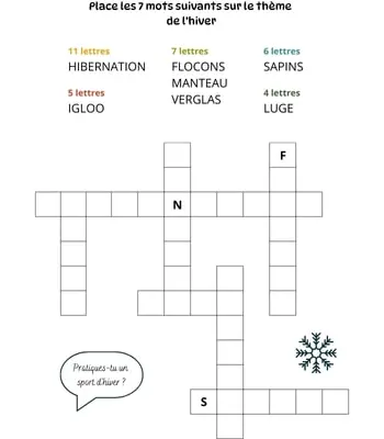 Mots à caser sur le thème de l'hiver Jeu de mots à caser - 7 mots - Thème de l'hiver