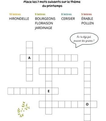 Mots à caser sur le thème du printemps Jeu de mots à caser - 7 mots - Thème du printemps