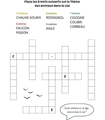 Mots à caser sur le thème des animaux dans le ciel Jeu de mots à caser - 8 mots - Thème des animaux dans le ciel