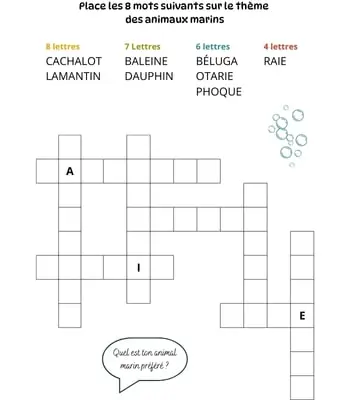 Mots à caser sur le thème des animaux marins Jeu de mots à caser - 8 mots - Thème des animaux marins