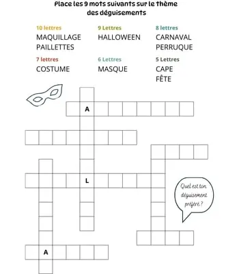 Mots à caser sur le thème des déguisements Jeu de mots à caser - 9 mots - Thème des déguisements
