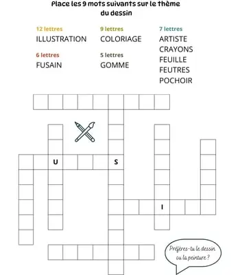 Mots à caser sur le thème du dessin Jeu de mots à caser - 9 mots - Thème du dessin