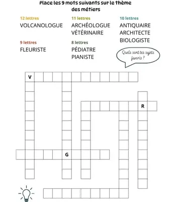 Mots à caser sur le thème des métiers Jeu de mots à caser - 9 mots - Thème des métiers