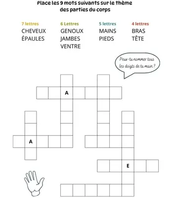 Mots à caser sur le thème des parties du corps Jeu de mots à caser - 9 mots - Thème des parties du corps