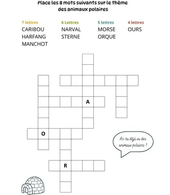 Mots à caser sur le thème des animaux polaires Jeu de mots à caser - 8 mots - Thème animaux polaires