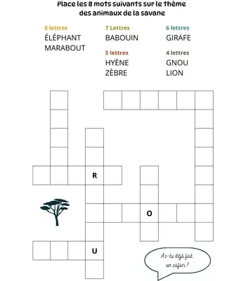 Mots à caser sur le thème des animaux de la savane Jeu de mots à caser - 8 mots - Thème animaux de la savane