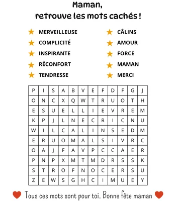 Jeu de mots cachés pour la fête des mères à imprimer gratuitement