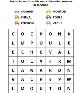 Jeu mots cachés à imprimer - Les animaux de la ferme - Débutant
