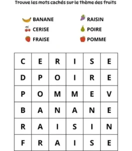 Mots cachés à imprimer - Les fruits - Débutant