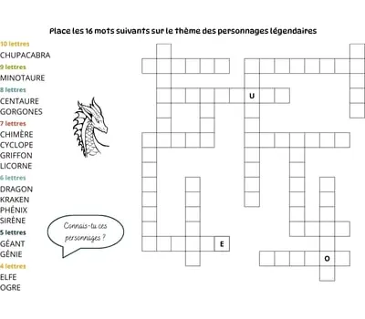 Jeu de mots à caser - 16 mots - Thème des personnages légendaires