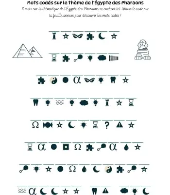 Mots codés - Thème Égypte des Pharaons Mots codés - Jeu à imprimer en pdf sur le thème de l'Égypte des Pharaons