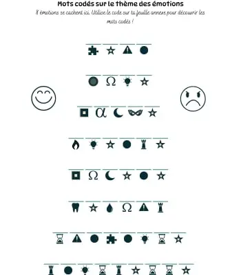 Mots codés - Thème des émotions Mots codés - Jeu à imprimer en pdf sur le thème des émotions