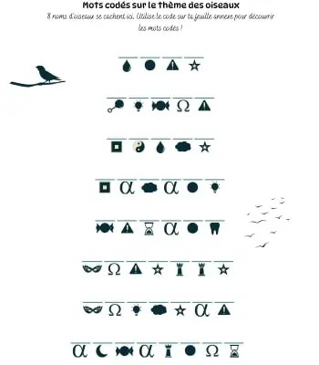 Mots codés - Thème des oiseaux Mots codés - Jeu à imprimer en pdf sur le thème des oiseaux