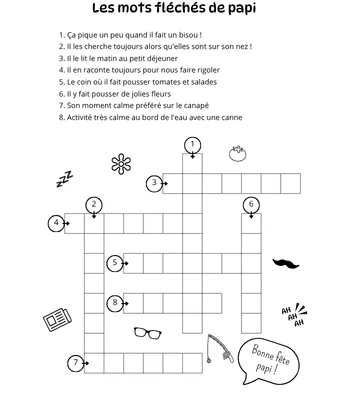 les mots fléchés de papi, jeu à remplir avec les enfants, activité à imprimer fête des grands-pères