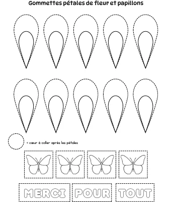 Pétales de fleur à découper, gommettes papillon et mots "merci pour tout" pour carte à composer - Cadeau à offrir à maîtresse, éducatrice, atsem