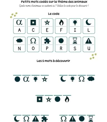 Petits mots codés - Thème des animaux Petits mots codés à imprimer en pdf - Thème des animaux