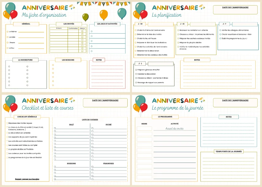 Fiches pour organiser et planifier un anniversaire d'enfant - Fiche d'organisation, planification, checklist, liste de courses, programme de la journée