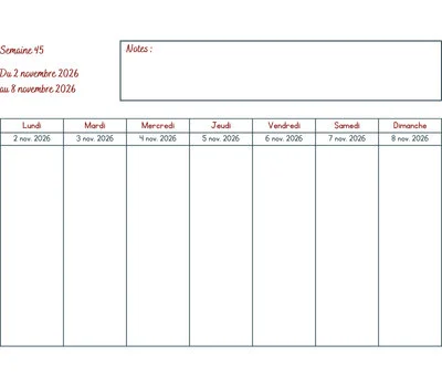 Calendrier semaine 45 à imprimer - année 2026