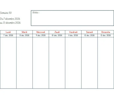 Calendrier semaine 50 à imprimer - année 2026