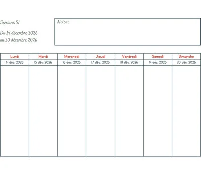 Calendrier semaine 51 à imprimer - année 2026
