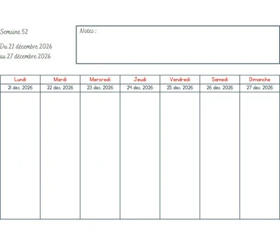 Calendrier semaine 52 à imprimer - année 2026