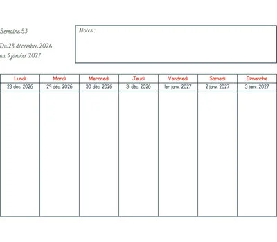 Calendrier semaine 53 à imprimer - année 2026-2027