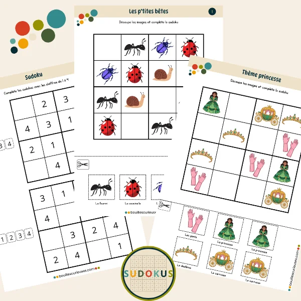 Présentation grilles de sudokus pp1 Grilles de sudoku avec chiffres et images à découper - Mes premiers sudokus - Chiffres, thème bestioles, thème princesse