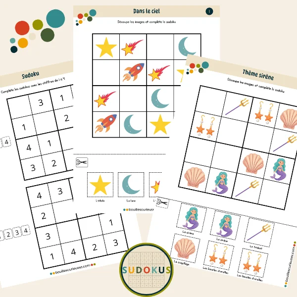 Grilles de sudoku avec chiffres et images à découper - Mes premiers sudokus - Chiffres, thème ciel, thème sirène