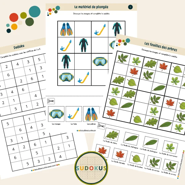 Grilles de sudoku avec chiffres et images à découper - Niveau débutant - Chiffres, thème plongée, thème feuilles arbres