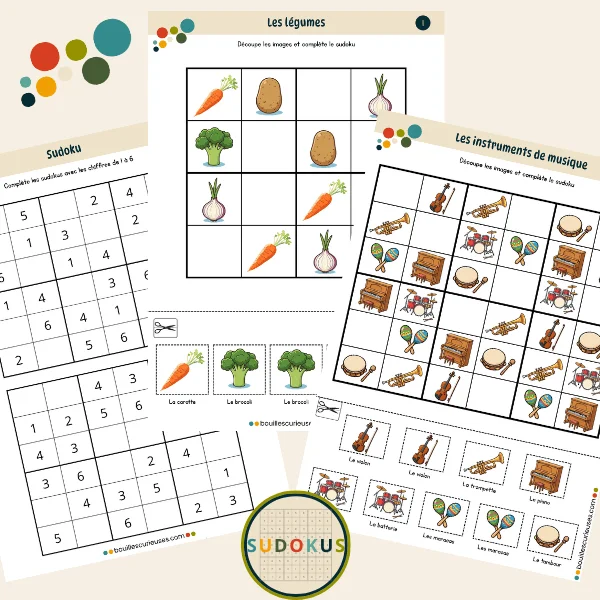 Grilles de sudoku avec chiffres et images à découper - Niveau débutant - à télécharger