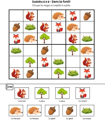 Grille de sudoku avec images à découper - thème dans la forêt - Initiation sudoku