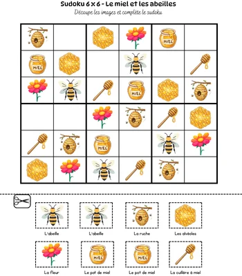 Grille de sudoku avec images à découper - thème le miel et les abeilles - Initiation sudoku