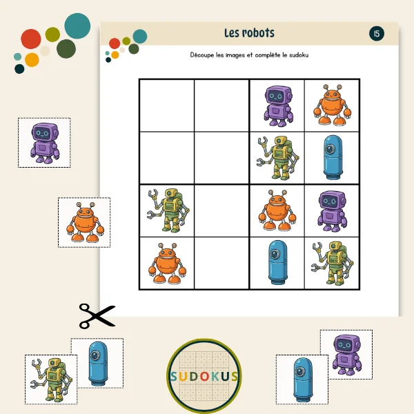 Découpe et place les images au bon endroit dans ce sudoku - Thème les robots
