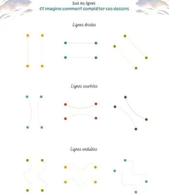 Suis les lignes et complète les dessins Initiation à l'écriture - Suivre et tracer les lignes