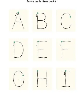 Apprendre à tracer les lettres majuscules - A à I Initiation à l'écriture des lettres majuscules - A à I - Fond couleur