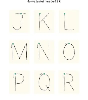 Apprendre à tracer les lettres majuscules - J à R Initiation à l'écriture des lettres majuscules - J à R - Fond couleur